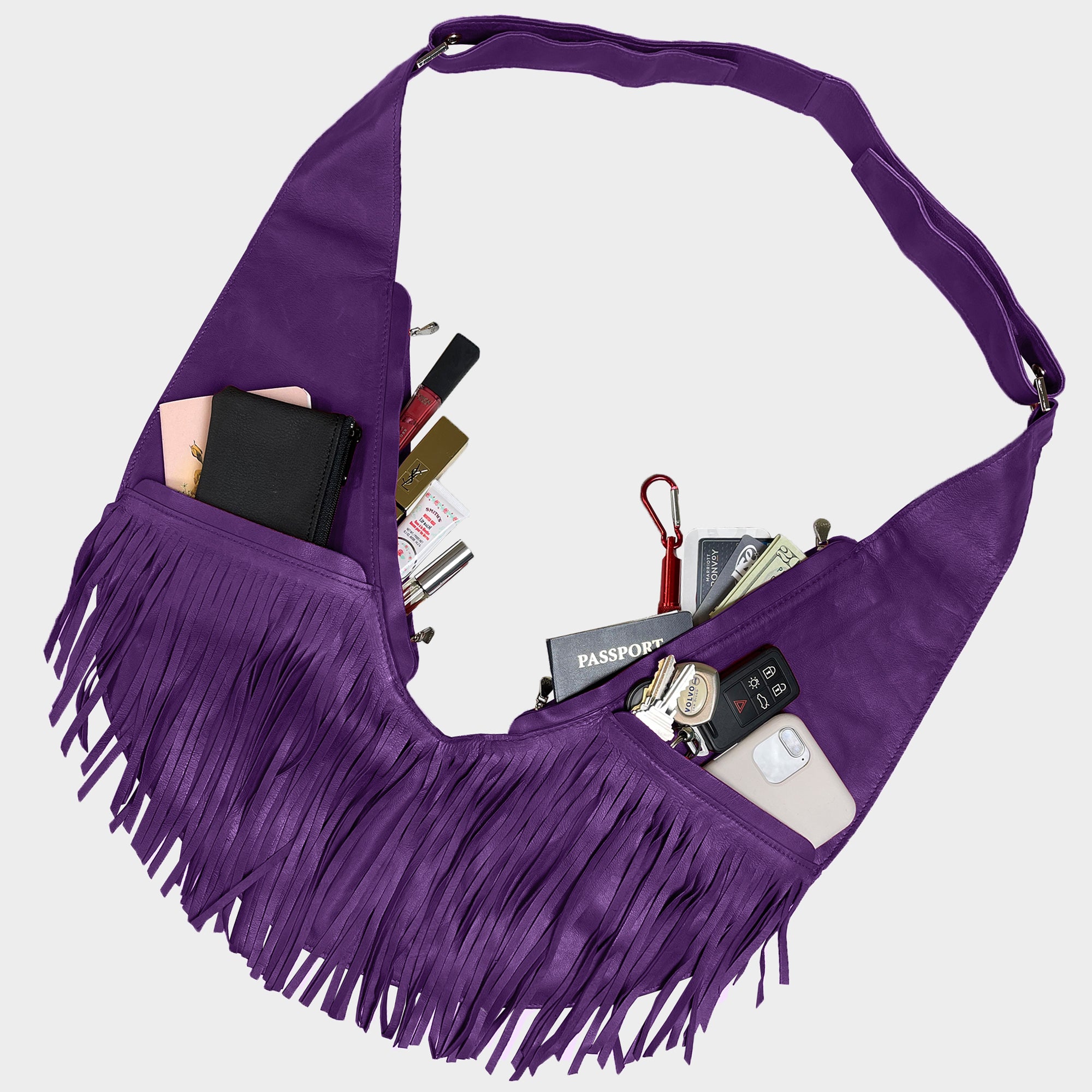 Royal Purple Extra Leather Fringe Sash Bag