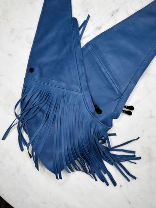 Ceramic Blue Fringe Leather Sash Bag