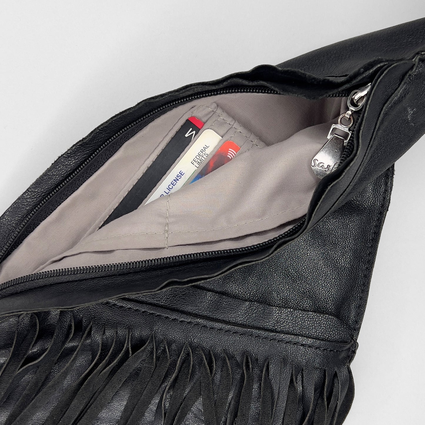 Black Fringe Leather Sash Bag