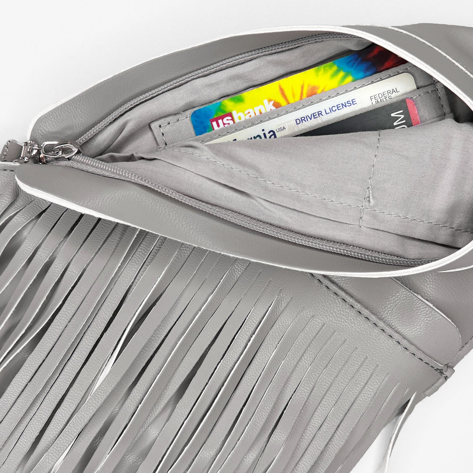Gray Faux Leather Fringe Sash Bag