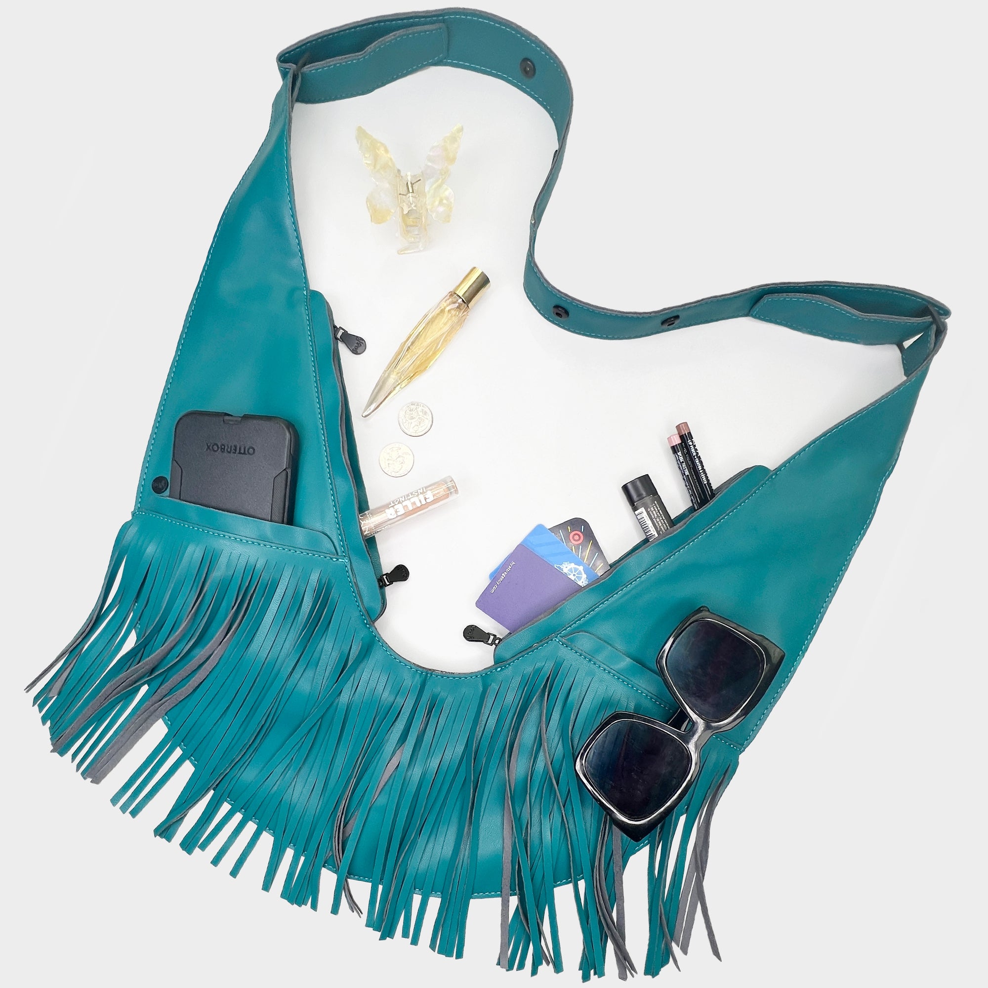 Turquoise Faux Leather Fringe Sash Bag
