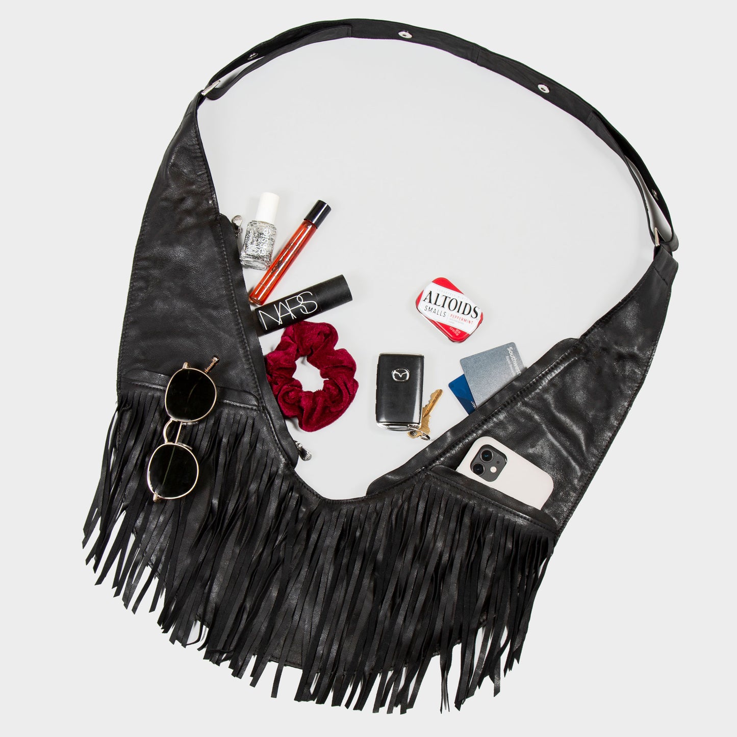Black Fringe Leather Sash Bag